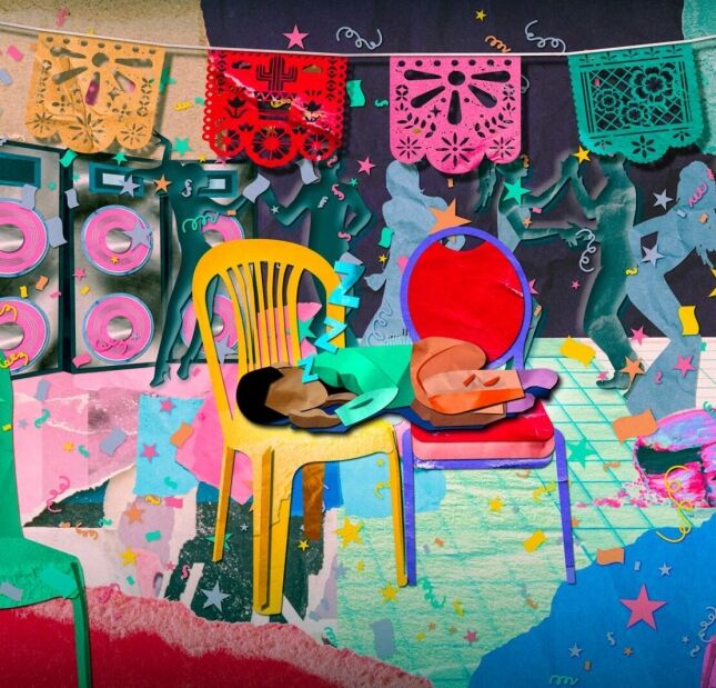 Latino boy sleeping on two chairs during latino party