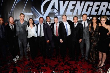  (L-R) Actor Mark Ruffalo, Director Joss Whedon, actor Chris Hemsworth, Executive Producers Victoria Alonso and Louis D'Esposito, actor Robert Downey Jr., Executive Producer Jeremy Latcham, President of Production, Marvel Studios and producer Kevin Feige and actors Clark Gregg, Tom Hiddleston, Cobie Smulders and Scarlett Johansson attend the premiere of Marvel Studios' "Marvel's The Avengers" held at the El Capitan Theatre on April 11, 2012 in Hollywood, California.  (Photo by Alberto E. Rodriguez/WireImage) 