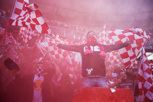 Soccer fans in the South Ward Supporters section of Red Bull Arena