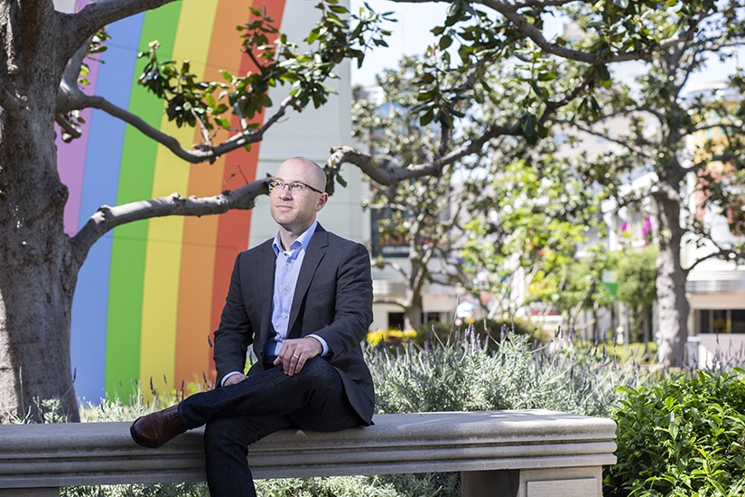 Sean Jaquez, Sony Pictures Entertainment, sitting bench rainbow background