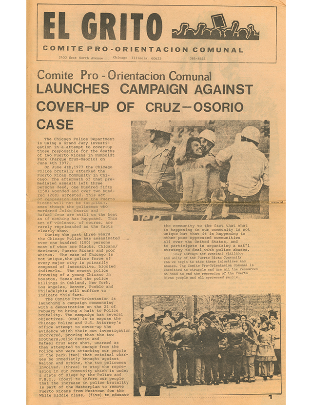 Scanned image of a 1977 document, detailing the El Grito Campaign against the cover-up of the Cruz-Osorio case, launched by Comite Pro-Orientacion Comunal