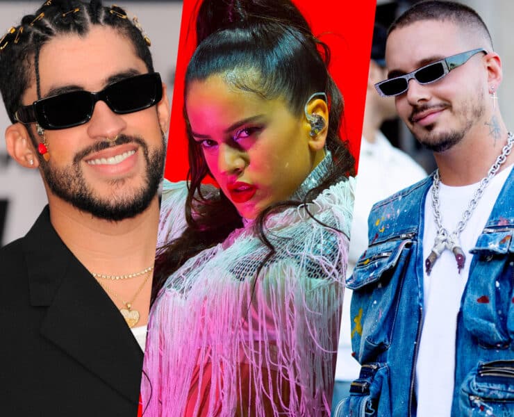 A collage of singers Bad Bunny, Rosalia, and J Balvin