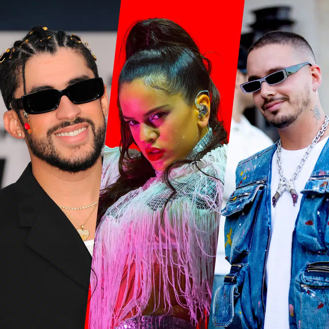 A collage of singers Bad Bunny, Rosalia, and J Balvin