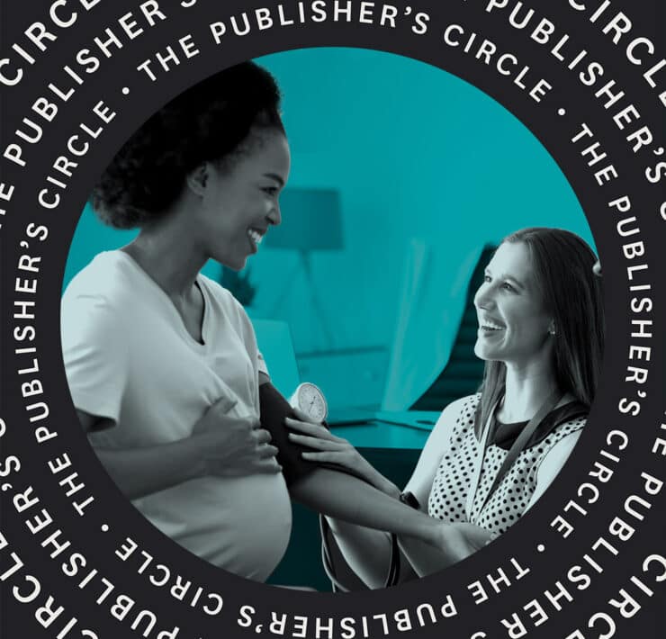 A nurse takes a pregnant Black woman's blood pressure with a blood pressure cuff