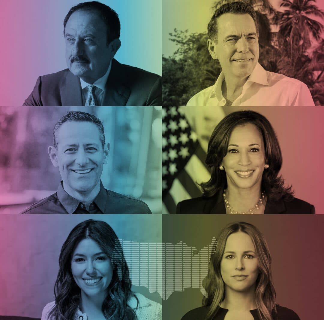 Collage of our top six guests for The Latino Majority podcast. In order from top left: Sol Trujillo, Orlando Bravo, Bobby Herrera, VP Kamala Harris, Camille Vasquez, Alicia Menendez