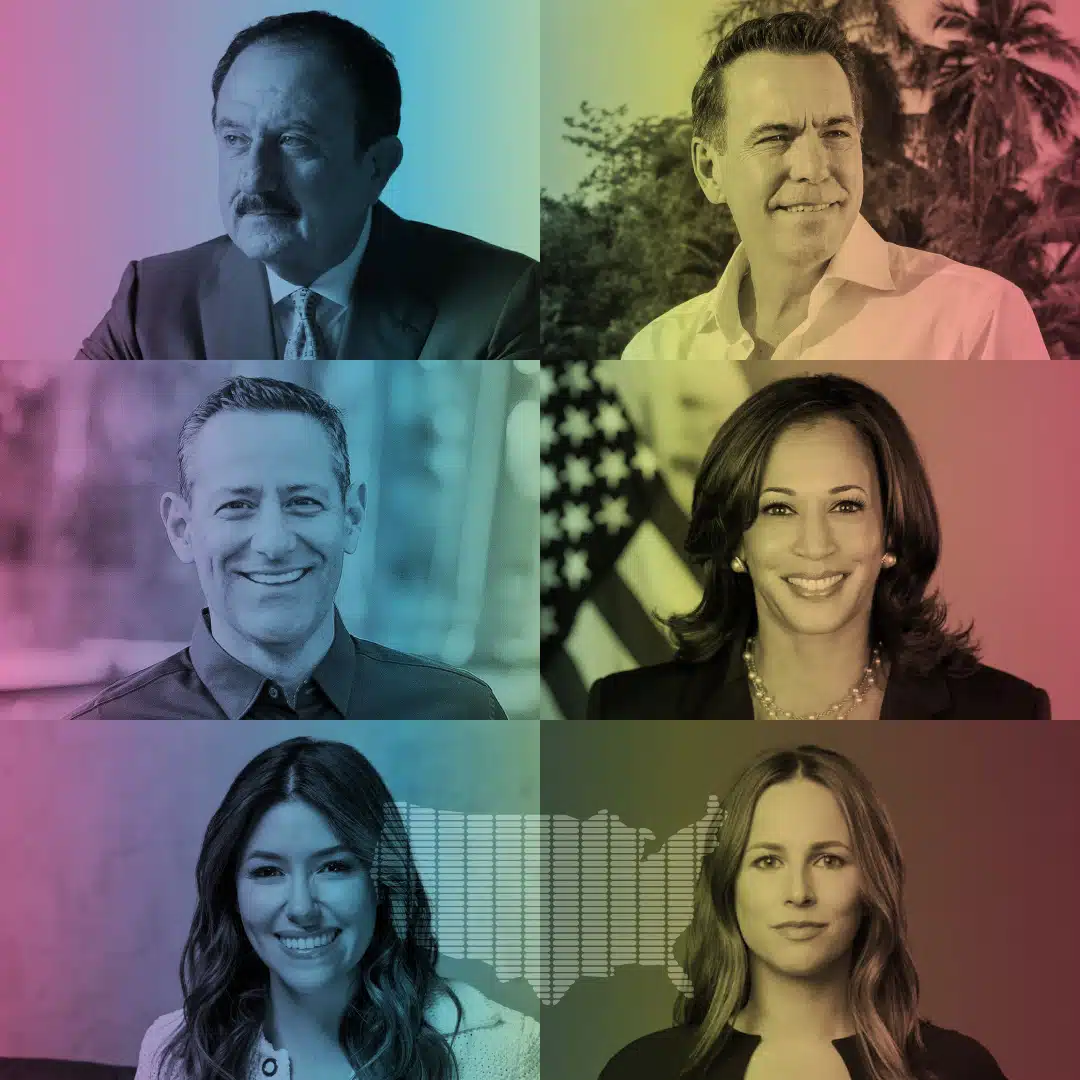 Collage of our top six guests for The Latino Majority podcast. In order from top left: Sol Trujillo, Orlando Bravo, Bobby Herrera, VP Kamala Harris, Camille Vasquez, Alicia Menendez