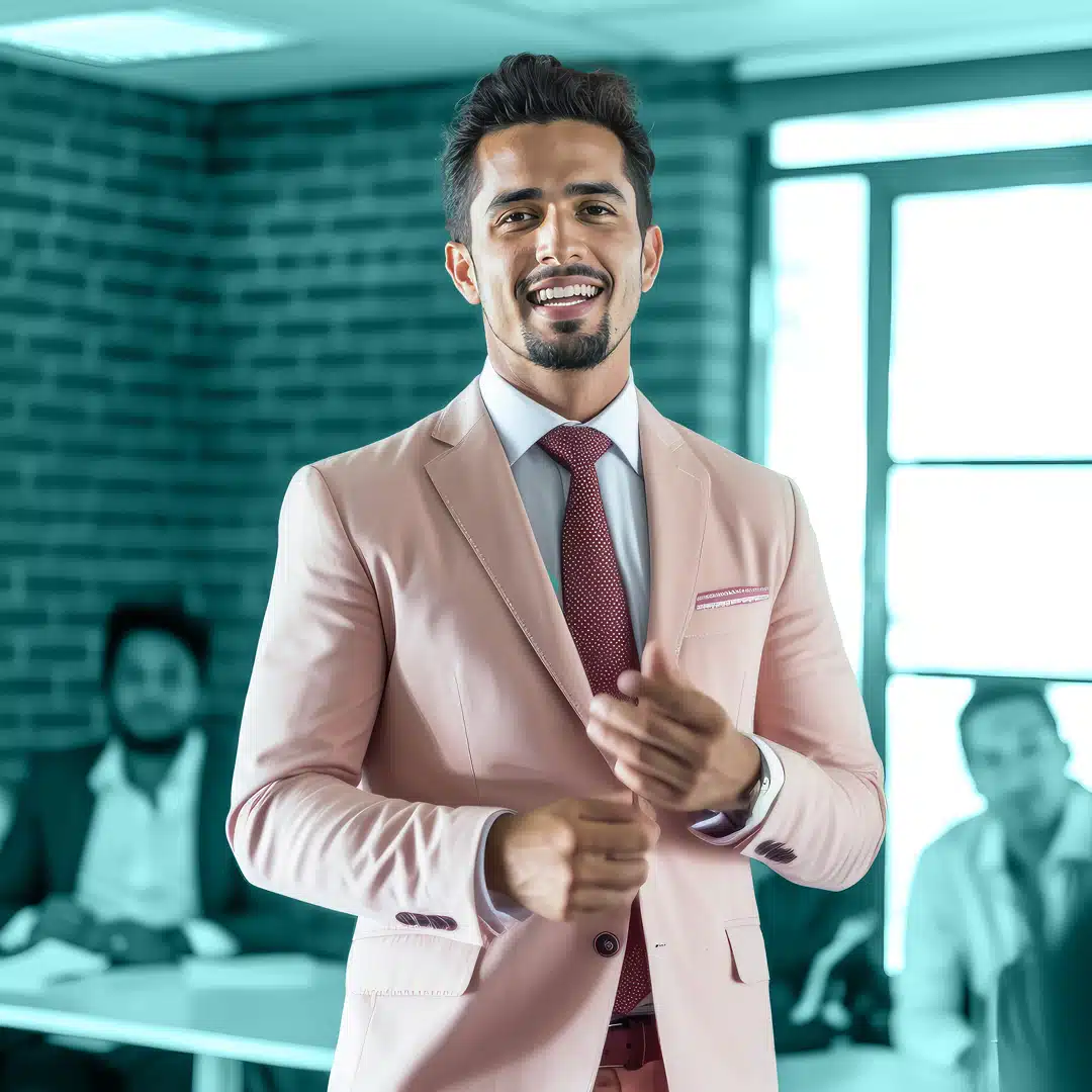 A Latino leader stands and smiles for a photo, wearing a light blush colored blazer and red patterned tie, against a blue-green background