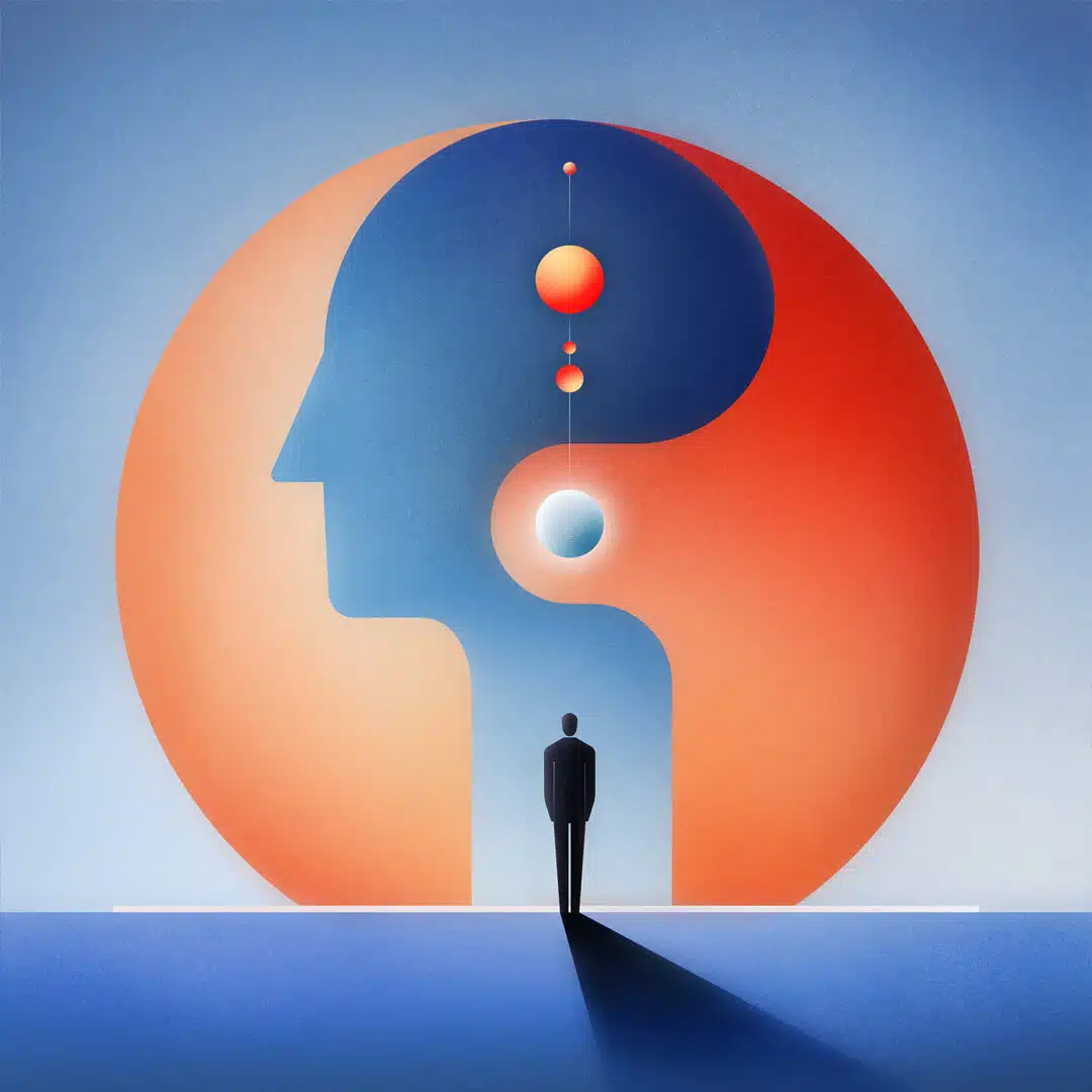 A black silhoutte of a man is positioned in front of a large circle/side profile of a person that is vibrant in shades of blue and orange.