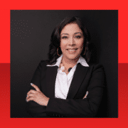 A headshot of Rocío Van Nierop against a vibrant red duotone background