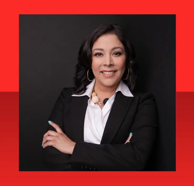 A headshot of Rocío Van Nierop against a vibrant red duotone background