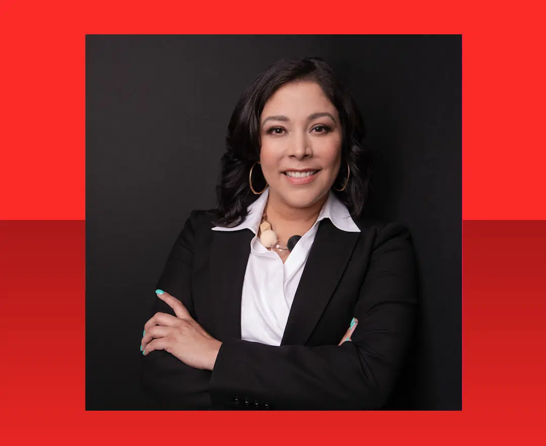 A headshot of Rocío Van Nierop against a vibrant red duotone background