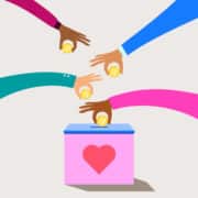 Giving Tuesday Guide illustration of people placing coins in a box with a heart on the side