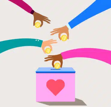 Giving Tuesday Guide illustration of people placing coins in a box with a heart on the side