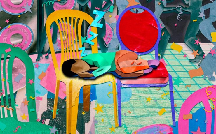 Latino boy sleeping on two chairs during latino party
