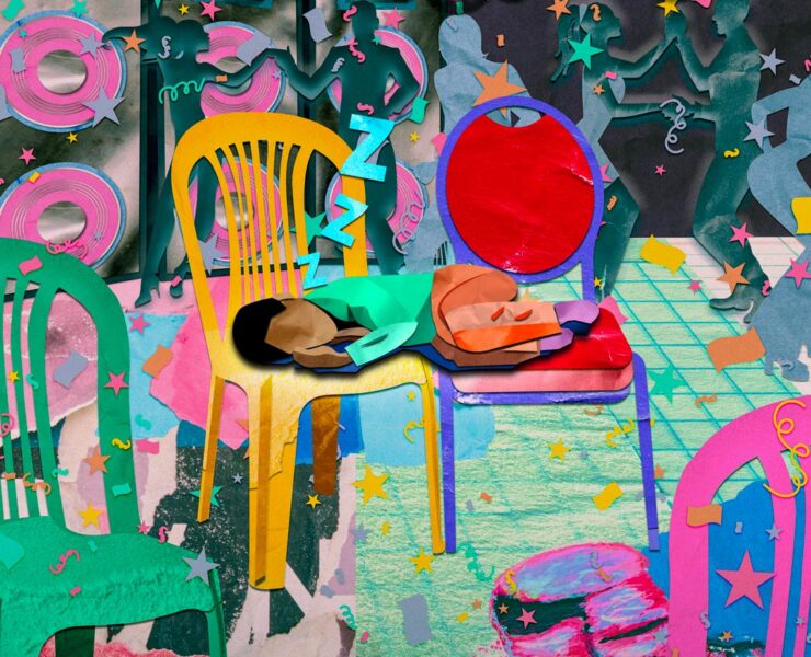 Latino boy sleeping on two chairs during latino party